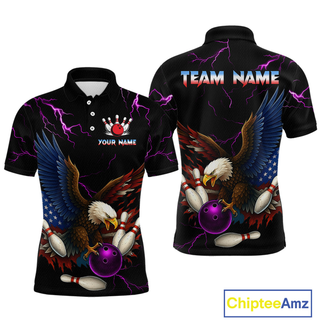 Purple Thunder US Flag Eagle Bowling Shirts for Men Team Bowling Polo & Quarter-Zip HNT96