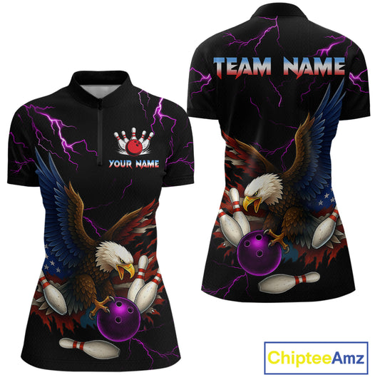 Purple Thunder US Flag Eagle Bowling Shirts for Women Team Bowling Polo & Quarter-Zip HNT96