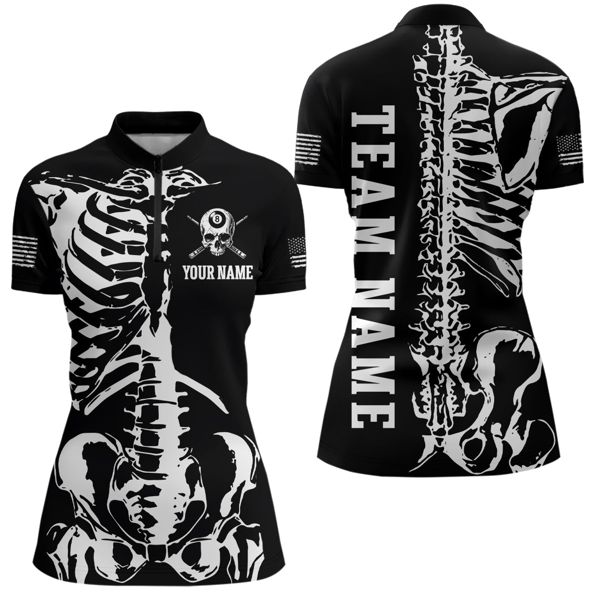 Custom Skull Bone 8 Ball Billiard Shirts for Women Billiard Team Jerseys Polo & 1/4 Zip Shirts NNT47