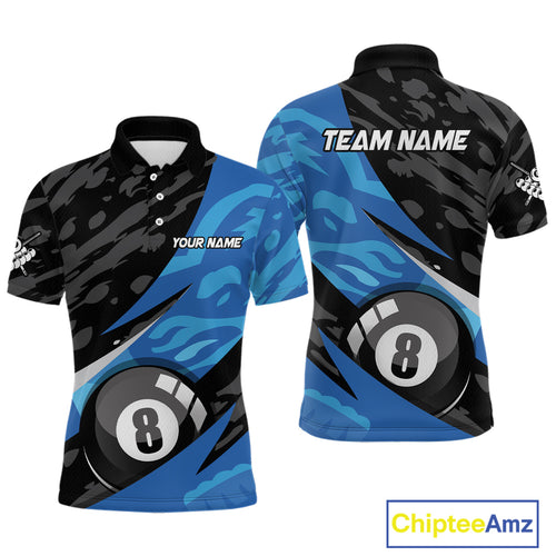 Blue Camo 8 Ball Billiard Shirts for Men Billiard Team Shirts Billiard Uniform Polo & 1/4 Zip NNT77