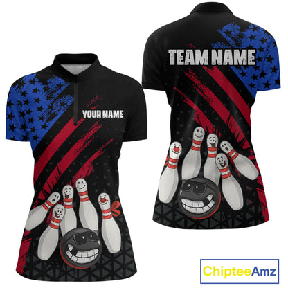 Custom Funny US Flag Bowling Jersey for Women Bowling Uniform Polo & 1/4 Zip Bowling Team Shirts HNT126
