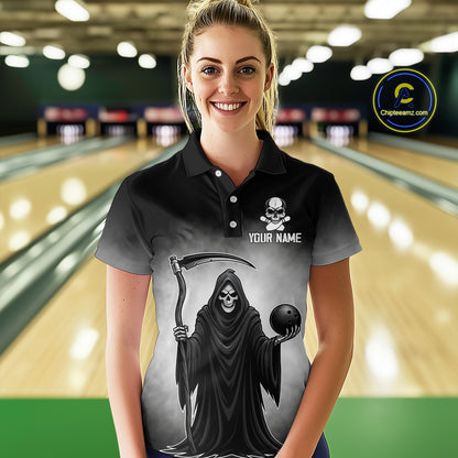 Custom Black Skeleton Bowling Jersey for Women Bowling Uniform Polo & 1/4 Zip Bowling Team Shirts HNT110