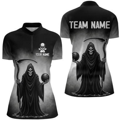 Custom Black Skeleton Bowling Jersey for Women Bowling Uniform Polo & 1/4 Zip Bowling Team Shirts HNT110