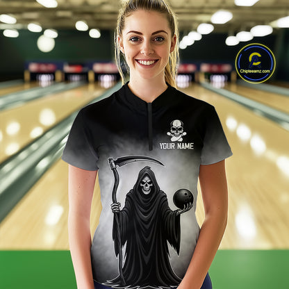 Custom Black Skeleton Bowling Jersey for Women Bowling Uniform Polo & 1/4 Zip Bowling Team Shirts HNT110