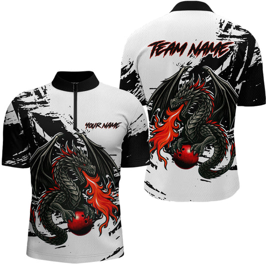 Custom Black Dragon Flame Bowling Men Shirts Bowling Gifts Polo & 1/4 Zip Bowling Team Jerseys HNT100