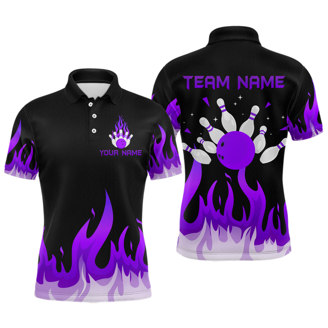 Custom Purple Flame Bowling Shirts for Men Polo & Quarter-Zip Bowling Team Jerseys HNT82