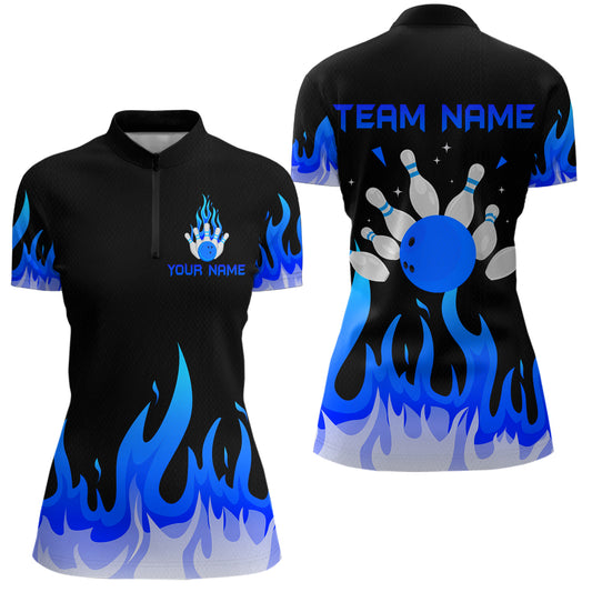 Custom Blue Flame Bowling Shirts for Women Polo & Quarter-Zip Bowling Team Jerseys HNT82