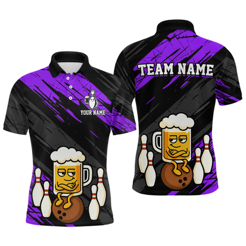 Custom Purple Funny Beer Bowling Jersey for Men Bowling Uniform Polo & 1/4 Zip Bowling Team Shirts HNT107