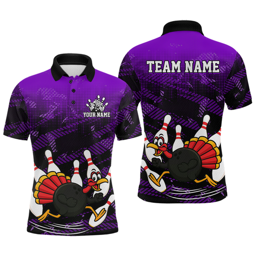 Custom Purple Funny Turkey Bowling Jersey for Men Thanksgiving Bowling Team Shirts Polo & 1/4 Zip HNT125
