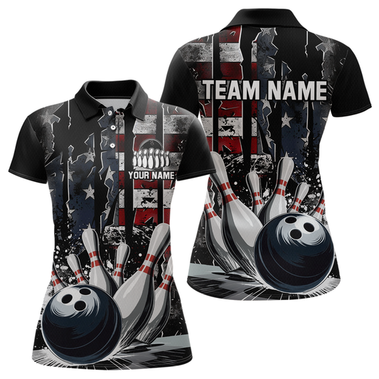 Custom Cracked US Flag Bowling Women Bowling Shirt Polo & Quarter-Zip Bowling Team Jerseys HNT86