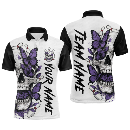 Purple Butterfly Skull Bowling Men Bowling Shirt Polo & Quarter-Zip Bowling Team Jerseys HNT80