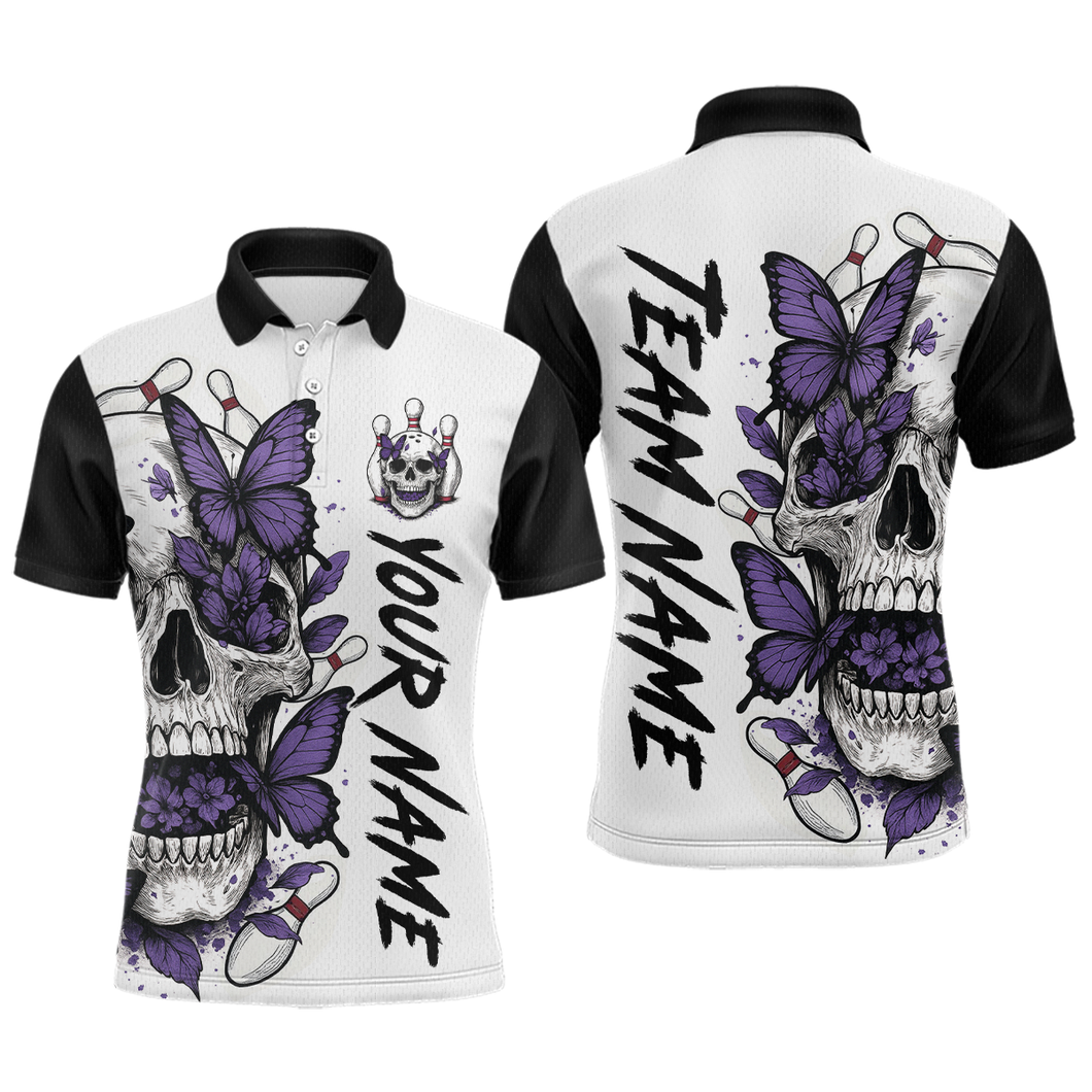 Purple Butterfly Skull Bowling Men Bowling Shirt Polo & Quarter-Zip Bowling Team Jerseys HNT80