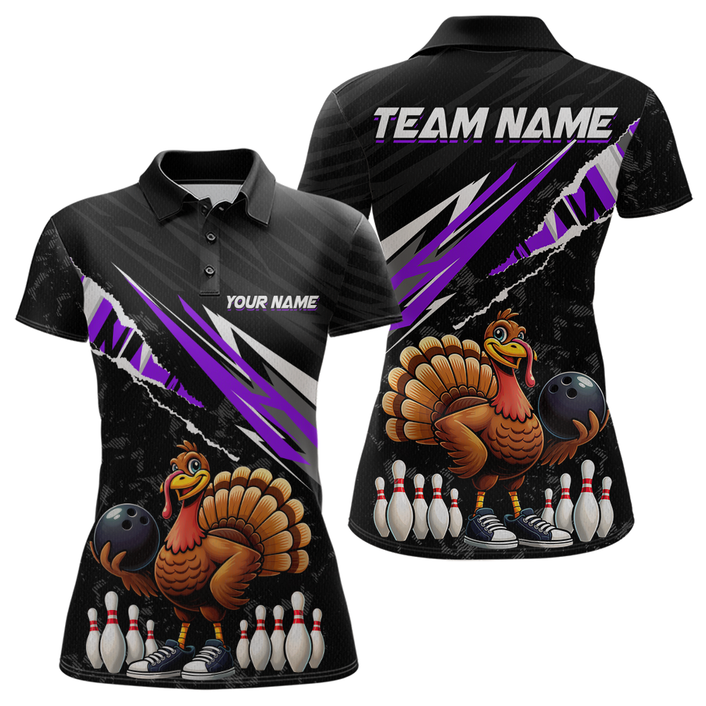 Custom Purple Funny Turkey Bowling Jersey for Women Thanksgiving Bowling Shirts Polo & 1/4 Zip HNT117