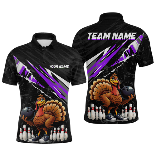 Custom Purple Funny Turkey Bowling Jersey for Men Thanksgiving Bowling Shirts Polo & 1/4 Zip HNT117