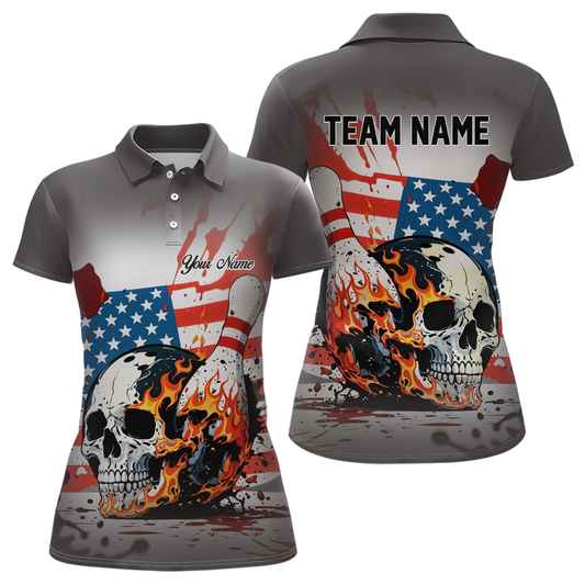 Custom American Flag Skull Flame Bowling Women Polo & 1/4 Zip Shirts Bowling Team Jerseys HNT91