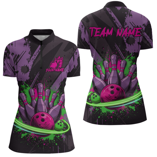 Custom Colorful Bowling Women Shirts Bowling Uniform Polo & 1/4 Zip Bowling Team Jerseys HNT99