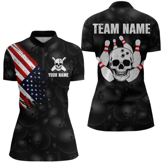Skull US Flag Bowling Shirt for Women Personalized Patriotic Bowling Team Jersey Shirts Polo & Quarter-Zip HNT31