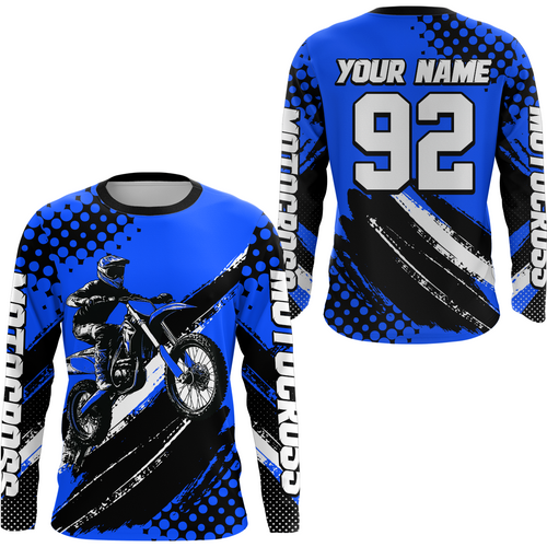 Personalized Blue Racing Jersey Motocross for Men Women Kid Upf30+ Youth Off-Road Racing Jersey DNT02