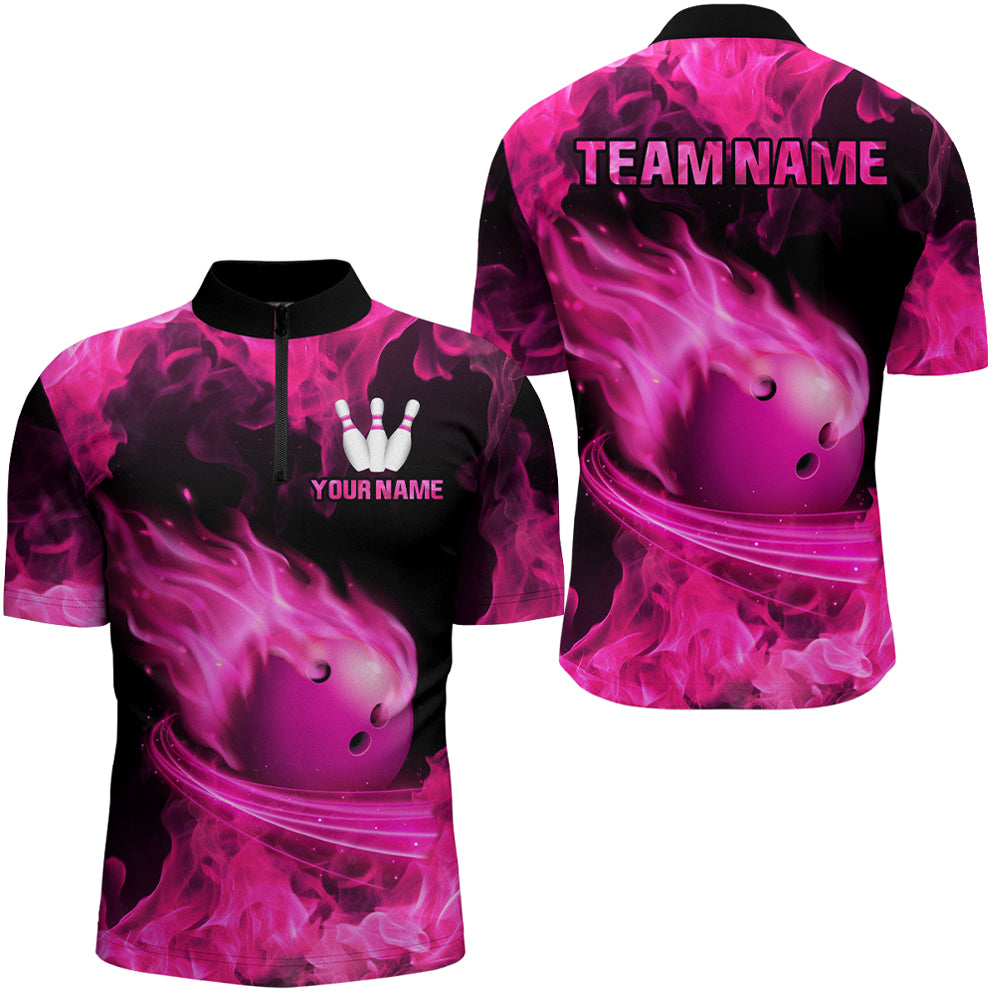 Custom Pink Flame Bowling Jersey For Men Bowling Shirt Team Bowling Quarter-Zip Shirt CP08