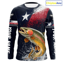 Load image into Gallery viewer, Custom Vintage Rainbow Trout Long Sleeve Patriotic Fishing Shirt For Men, Trout Texas Flag Fishing Shirt NHT766