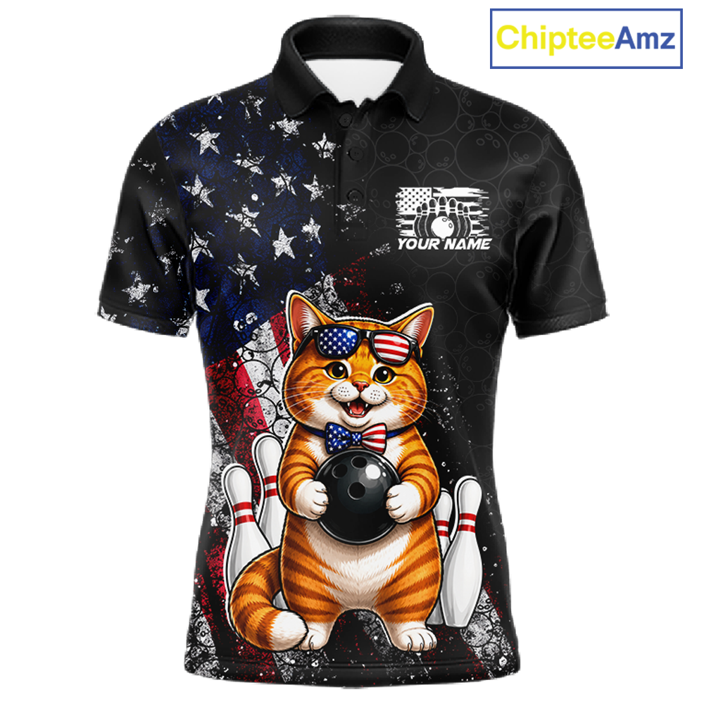 Men polo shirt with a cat bowling design and American flag pattern, featuring 'Chiptee Amz' branding.