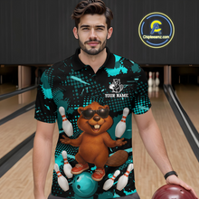 Load image into Gallery viewer, Custom Teal Funny Beaver Bowling Team Shirt Men Bowling League Jersey Polo Bowling Outfit QZT764