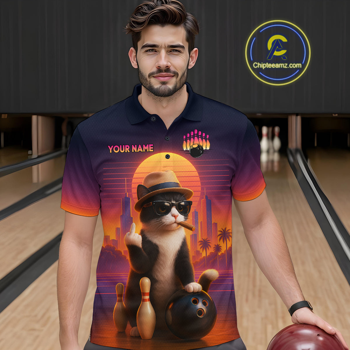 Men’s retro funny cat bowling polo shirt, front view on male model in bowling lane 