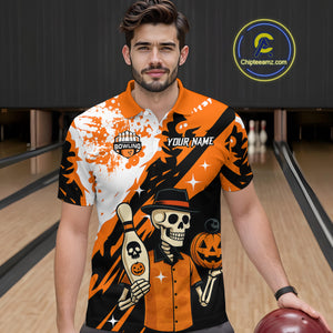 Orange Funny Skull Bowling Shirt for Men Personalized Polo & 1/4-Zip Bowling Jersey Halloween QZT768