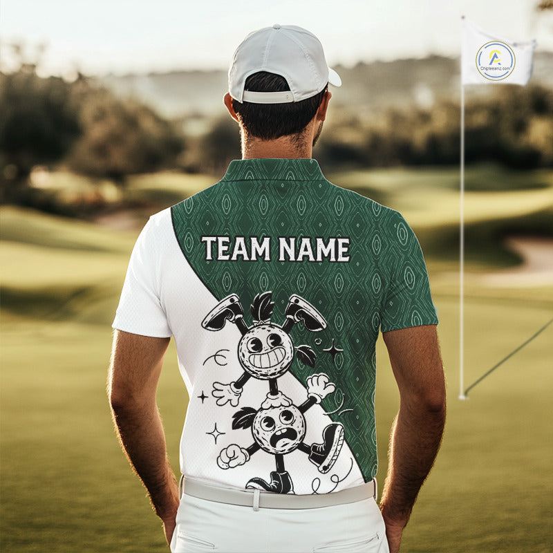 Green White Funny Golf Ball Pattern Mens Golf Polo Shirts Custom Golf Outfits Men, Green Golf Tops NHT784