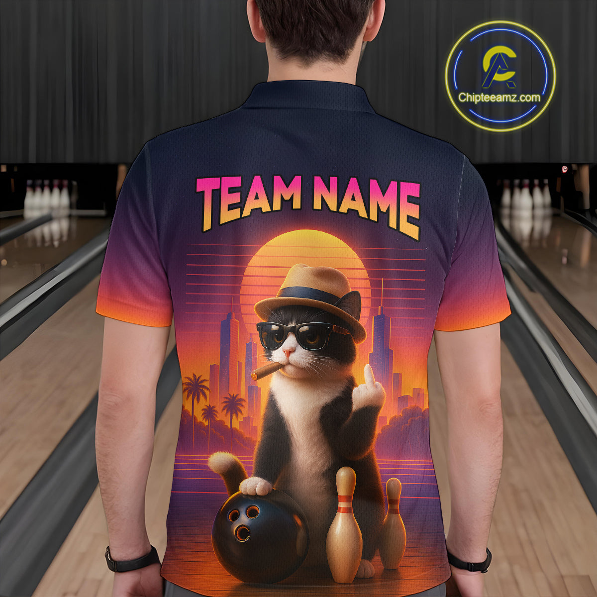 Men’s retro funny cat bowling polo shirt, back view on male model in bowling lane 