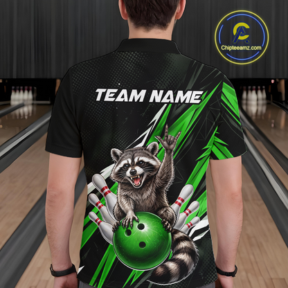 Custom Green Raccoon Bowling Jersey for Men Bowling Team Shirts Bowling Polo & 1/4 Zip HNT254
