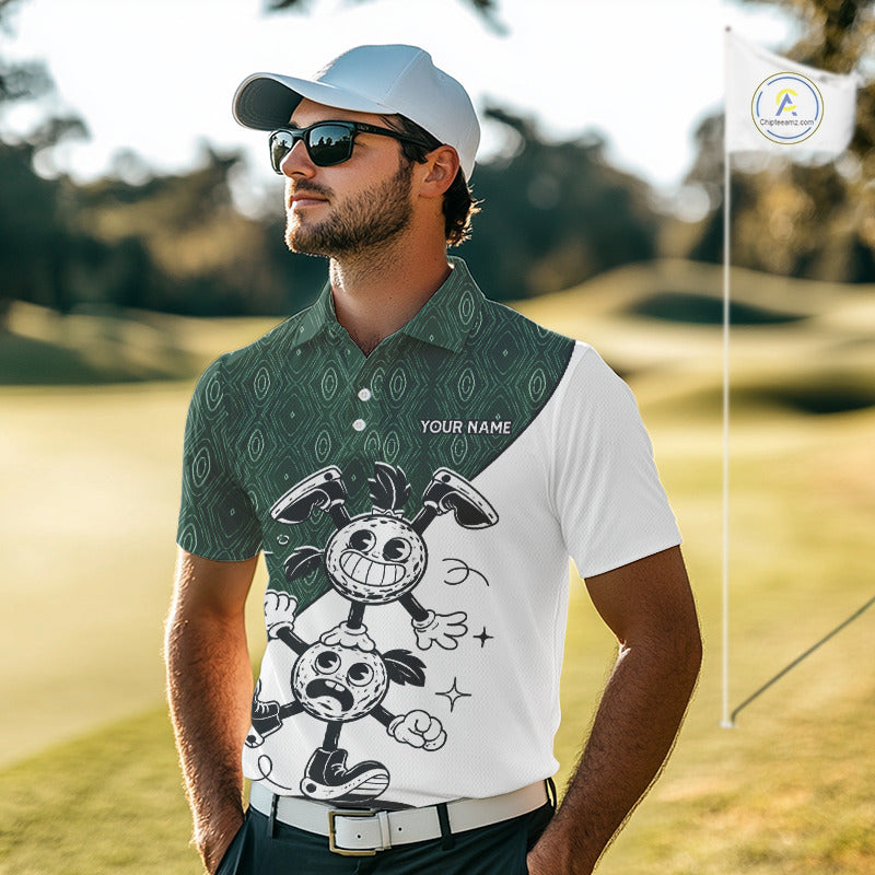 Green White Funny Golf Ball Pattern Mens Golf Polo Shirts Custom Golf Outfits Men, Green Golf Tops NHT784