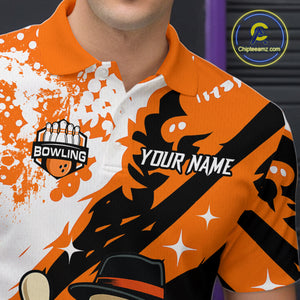 Orange Funny Skull Bowling Shirt for Men Personalized Polo & 1/4-Zip Bowling Jersey Halloween QZT768