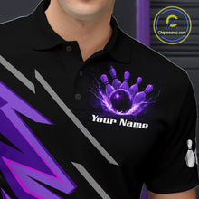 Load image into Gallery viewer, Black and Purple Lightning Bowling Polo, Quarter Zip Shirt for Men Custom Bowling Team League Jersey NQS10907