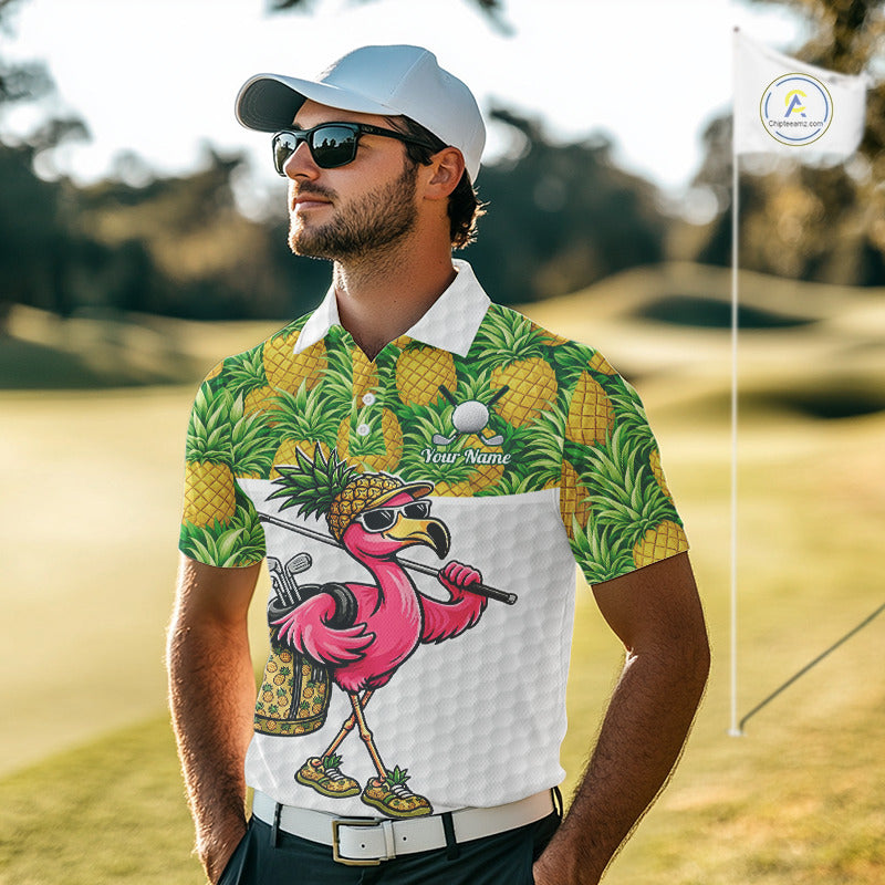 Golfing Flamingo Mens Funny Golf Polo Shirt Custom Yellow Pattern Pineapple Golf Ball Clothes Shirts NHT739