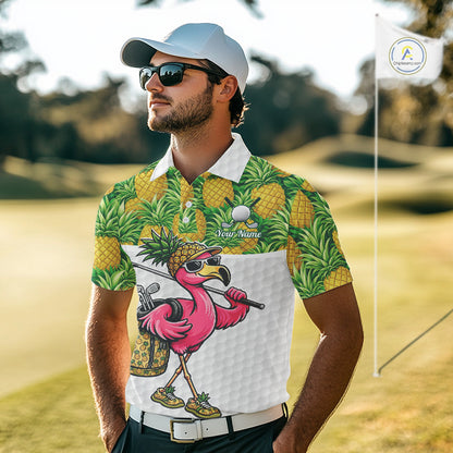 Golfing Flamingo Mens Funny Golf Polo Shirt Custom Yellow Pattern Pineapple Golf Ball Clothes Shirts NHT739