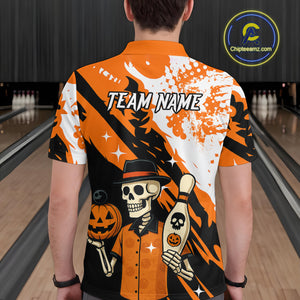 Orange Funny Skull Bowling Shirt for Men Personalized Polo & 1/4-Zip Bowling Jersey Halloween QZT768