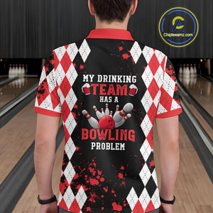 Red argyle pattern Retro Bowling Shirts For Men Custom My drinking team has a bowling problem NQS9825