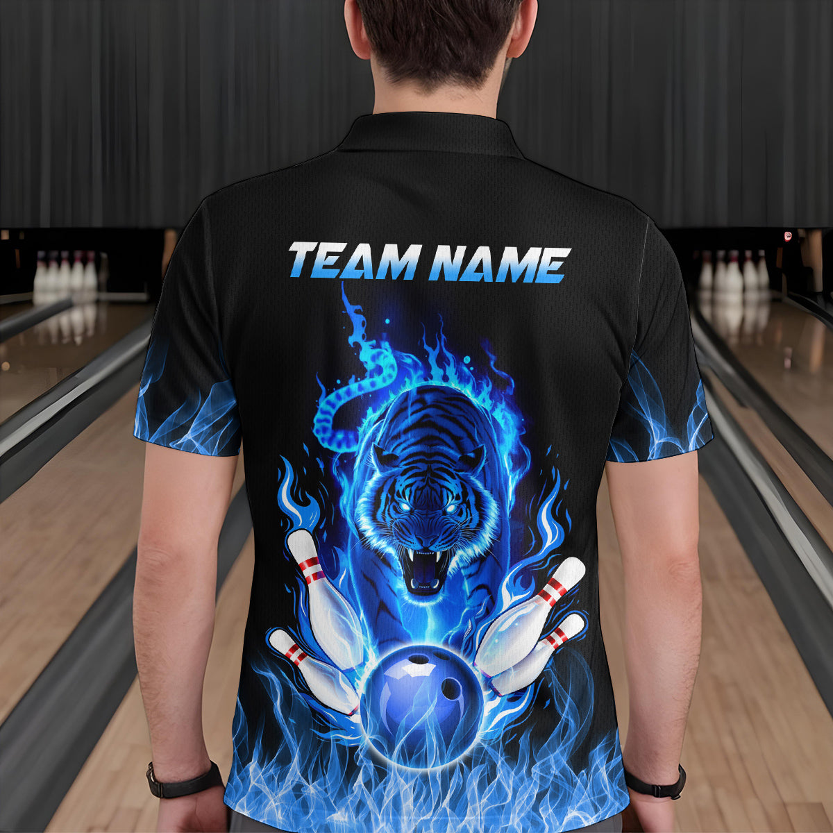 Blue Flaming Tiger Bowling Custom Men Bowling Polo & Quarter-Zip Bowling Team Jerseys HNT46