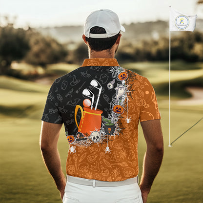 Halloween Skull Playing Golf Mens Golf Polo Shirt Custom black and orange Halloween mens golf outfit NQS10341
