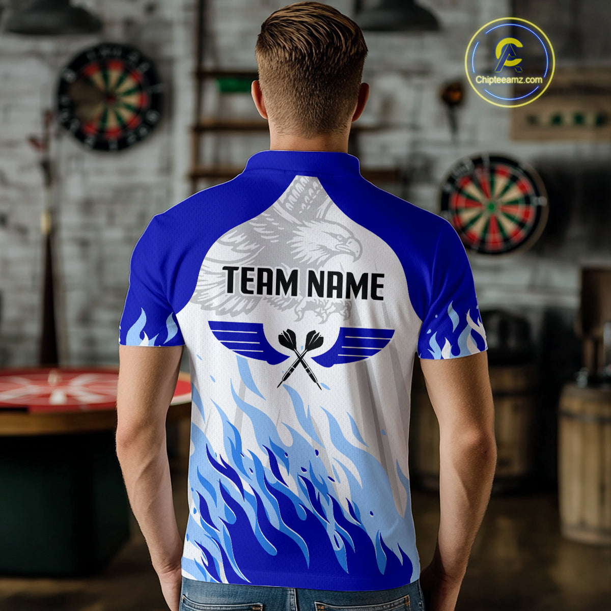 Men's Custom Darts Shirt - Eagle With Wings Dart Arrow & Blue Flaming Pattern NYN0332