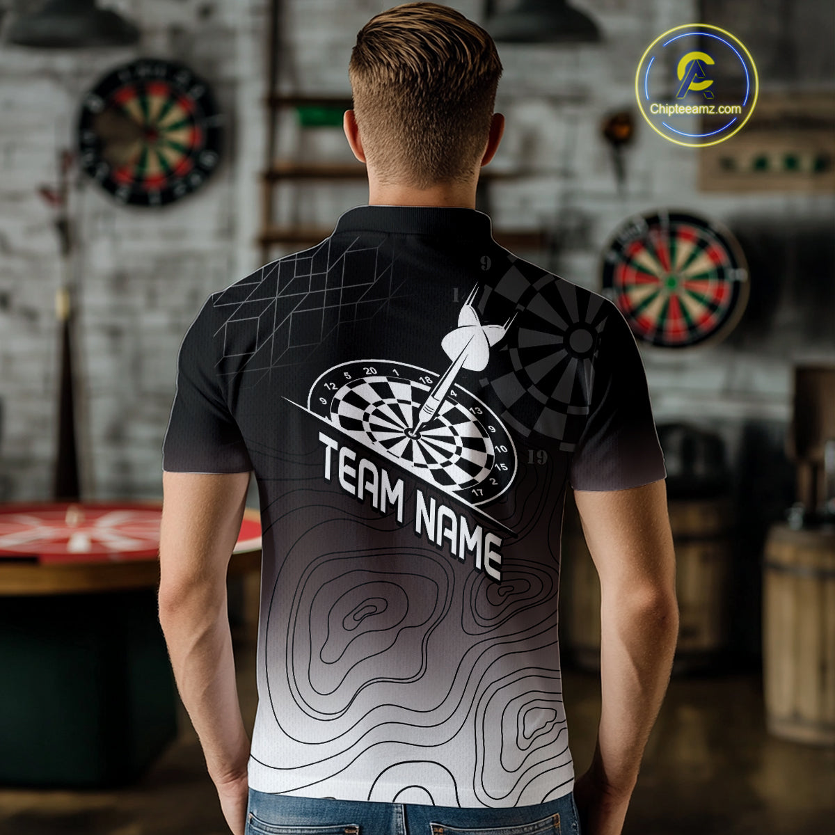 Men's Custom Dart Shirt, Darts Hitting The Bullseye With Black-To-White Gradient NYN0249