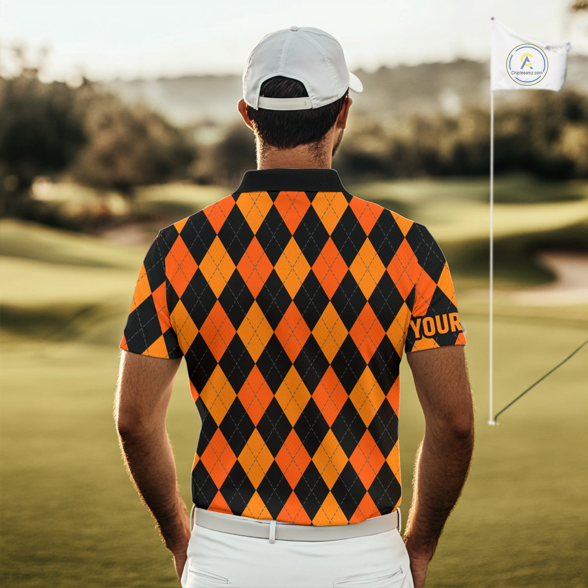 Funny Mens golf polo shirts custom orange and black argyle plaid Halloween Skull golf attire for men NQS10355