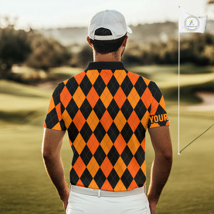 Funny Mens golf polo shirts custom orange and black argyle plaid Halloween Skull golf attire for men NQS10355