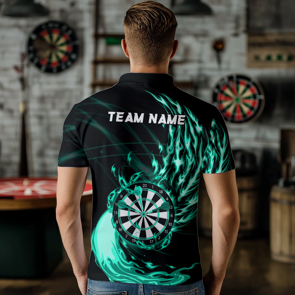 Turquoise Fire Flame Dartboard Darts Polo & Quarter Zip Custom Dart Shirts For Men Dart Jerseys TDM3739