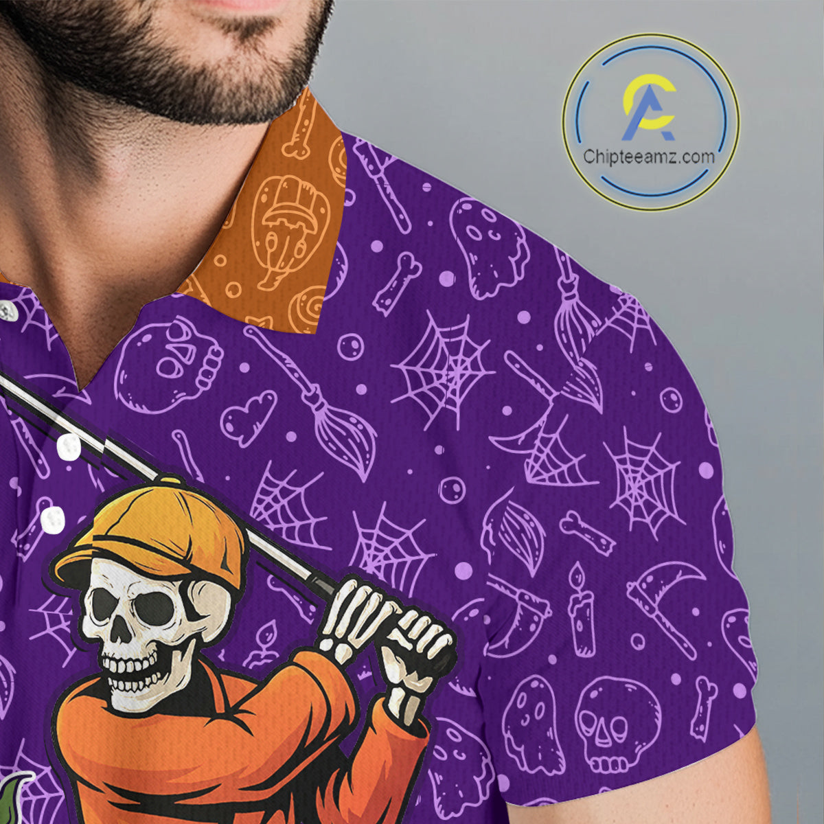 Halloween Skull Playing Golf Mens Golf Polo Shirt Custom Halloween golf outfit For Men Golf Gifts NQS10340