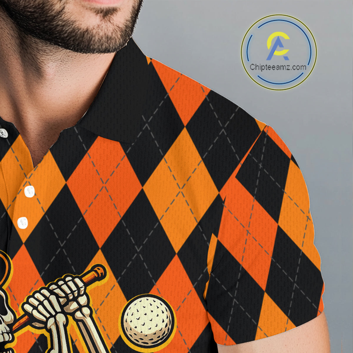 Funny Mens golf polo shirts custom orange and black argyle plaid Halloween Skull golf attire for men NQS10355