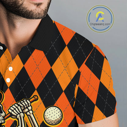 Funny Mens golf polo shirts custom orange and black argyle plaid Halloween Skull golf attire for men NQS10355