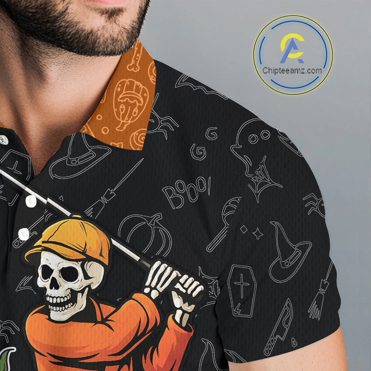 Halloween Skull Playing Golf Mens Golf Polo Shirt Custom black and orange Halloween mens golf outfit NQS10341