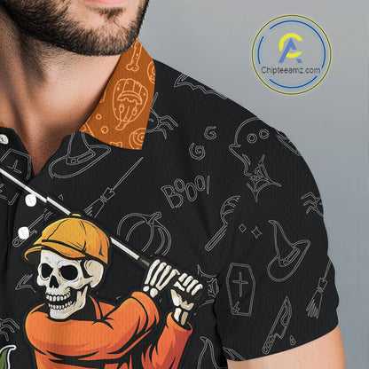 Halloween Skull Playing Golf Mens Golf Polo Shirt Custom black and orange Halloween mens golf outfit NQS10341